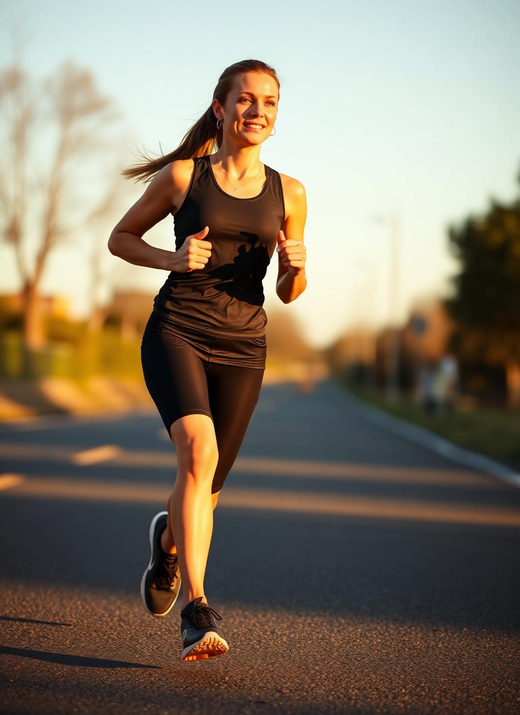 Running coach mid-stride on an empty road at golden hour